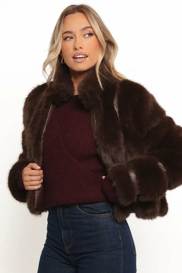 Velma Channel Faux Fur Chocolate Jackets and Coats Petal and Pup Women