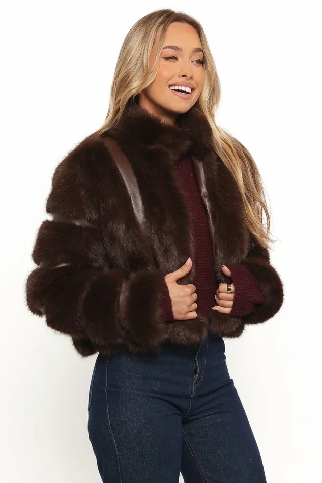 Velma Channel Faux Fur Chocolate Jackets and Coats Petal and Pup Women