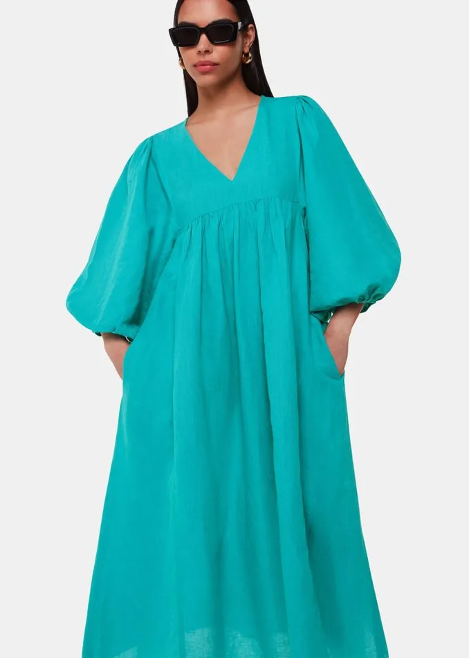 Whistles Dresses Turquoise Gloria Linen Blend Dress 8211 Women