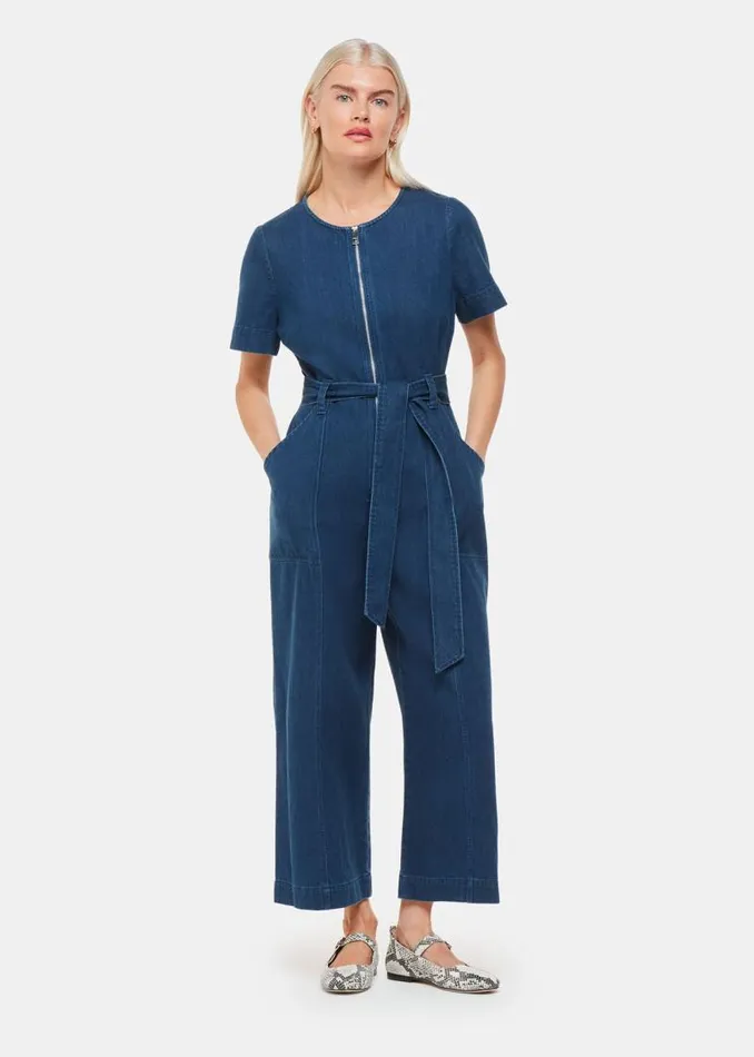 Whistles Petite Dresses and Jumpsuits Denim Petite Short Sleeve Denim Jumpsuit 8211 Women