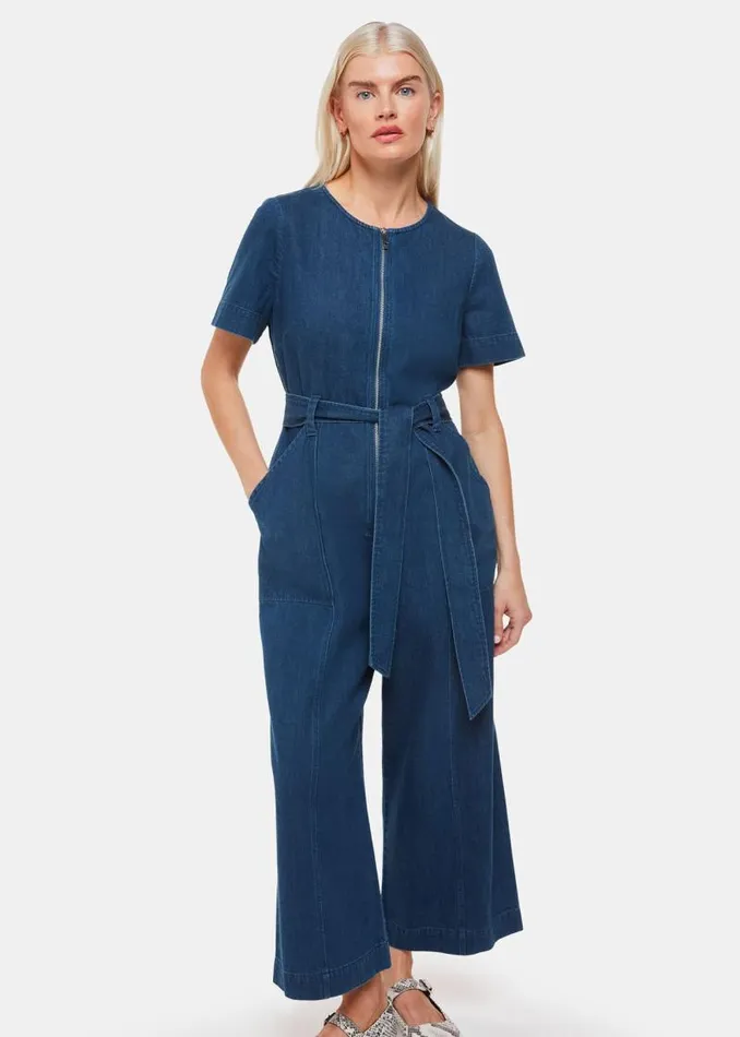 Whistles Petite Dresses and Jumpsuits Denim Petite Short Sleeve Denim Jumpsuit 8211 Women