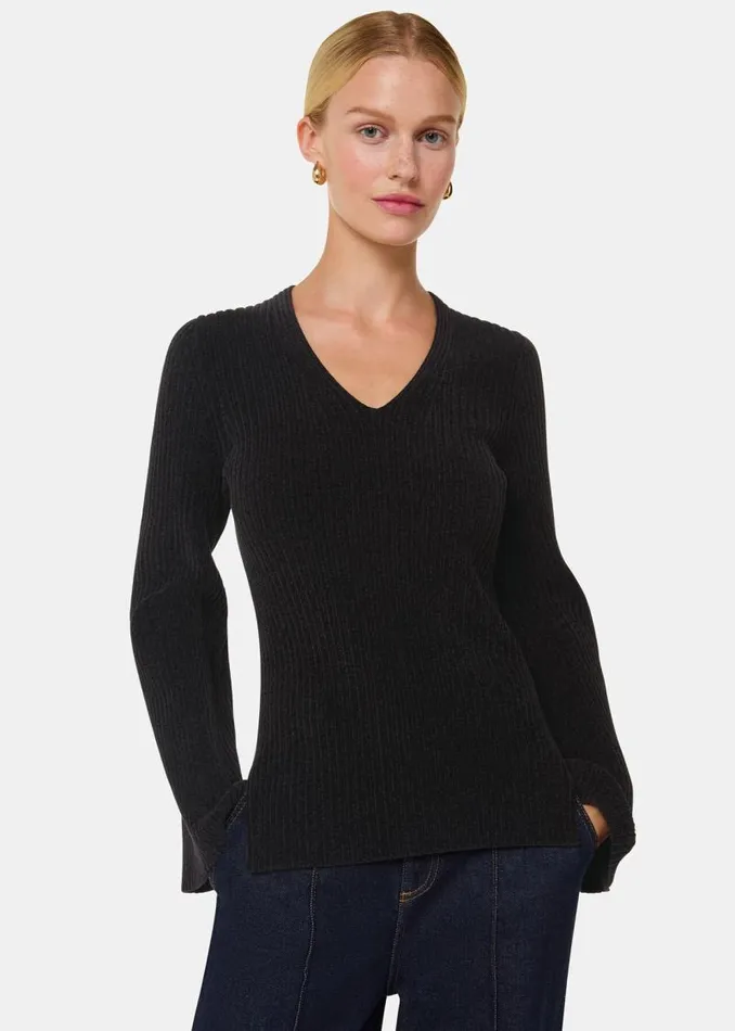Whistles Sweaters and Cashmere Black Chenille V Neck Sweater 8211 Women
