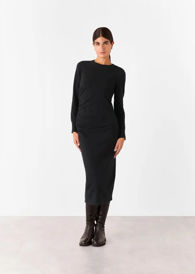 Whistles Sweaters and Cashmere Black Gathered Side Midi Knit Dress 8211 Women
