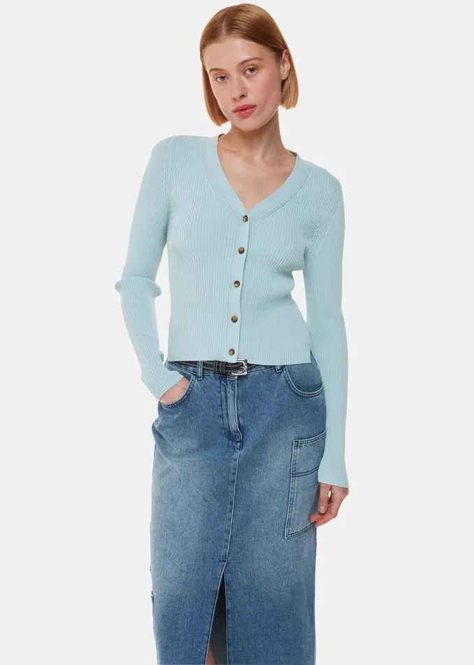 Whistles Sweaters and Cashmere Blue Ribbed V Neck Cardigan 8211 Women