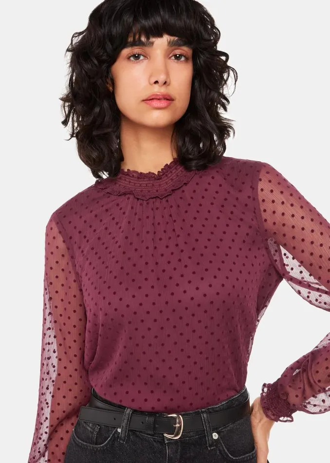 Whistles Tops Burgundy Dobby Velvet Shirred Top 8211 Women