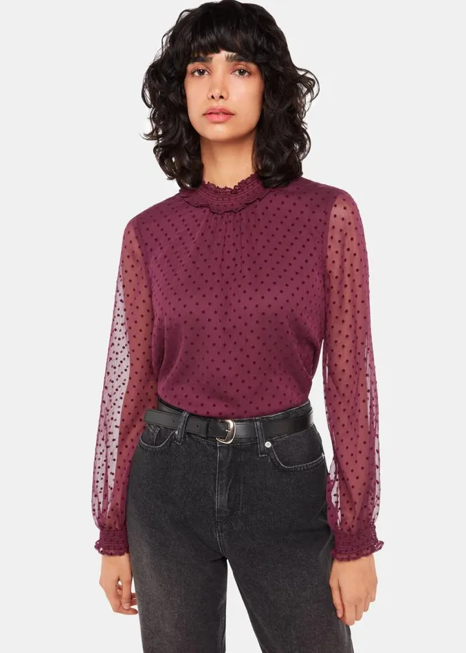 Whistles Tops Burgundy Dobby Velvet Shirred Top 8211 Women