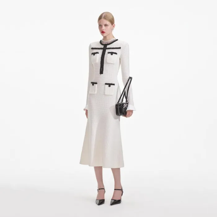 White Knit Contrast Trim Midi Dress Women Self Portrait Dresses White Knit Contrast Trim Midi Dress Women Self Portrait Dresses