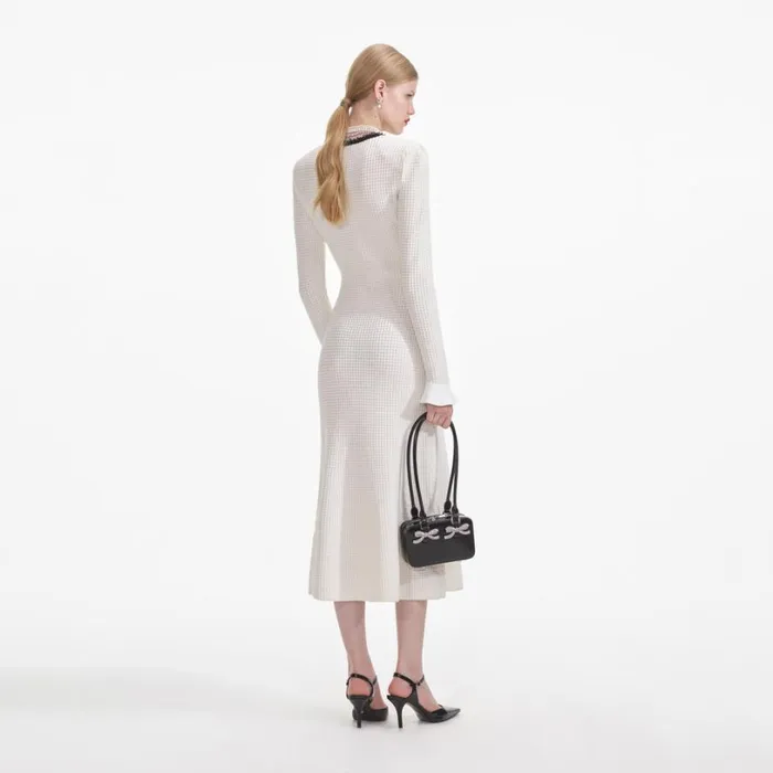 White Knit Contrast Trim Midi Dress Women Self Portrait Dresses White Knit Contrast Trim Midi Dress Women Self Portrait Dresses