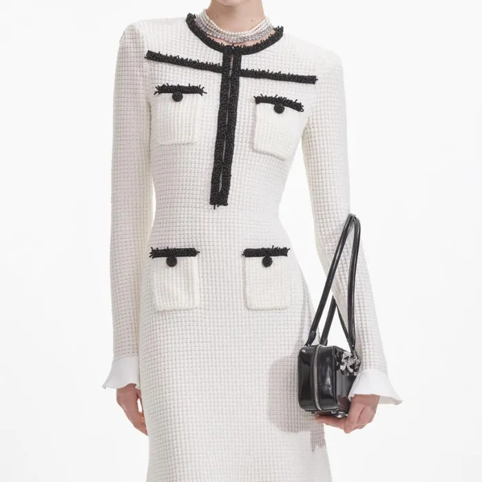 White Knit Contrast Trim Midi Dress Women Self Portrait Dresses White Knit Contrast Trim Midi Dress Women Self Portrait Dresses