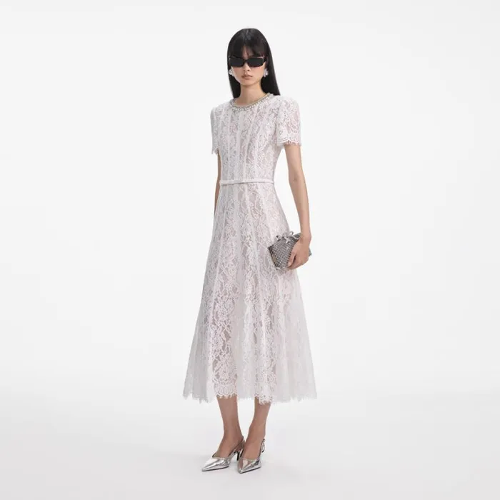 White Sequin Lace Midi Dress Women Self Portrait Dresses White Sequin Lace Midi Dress Women Self Portrait Dresses