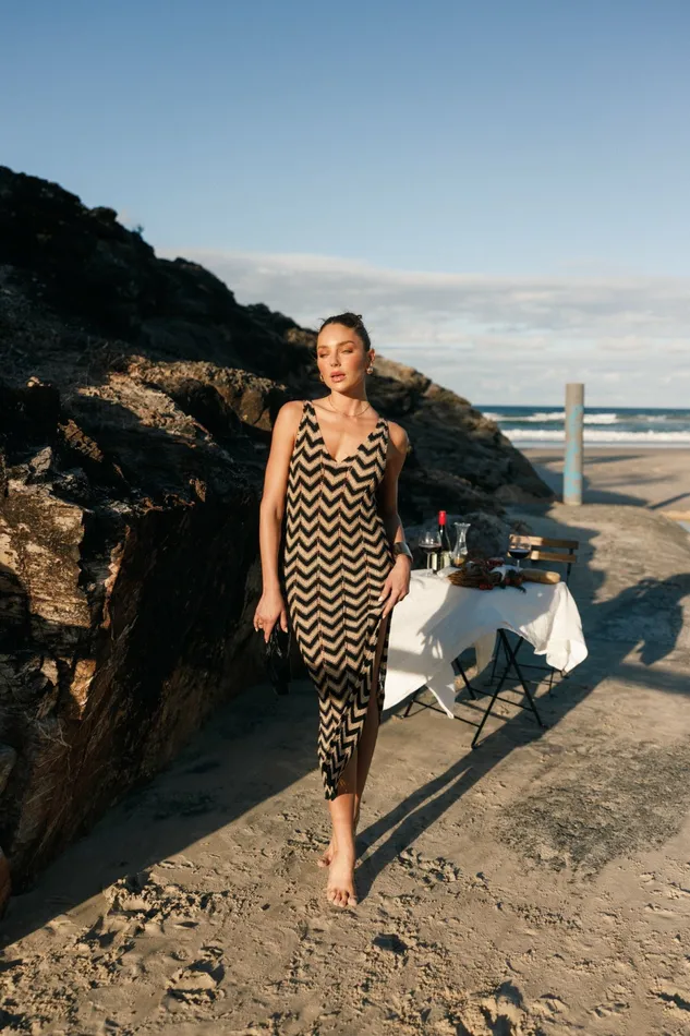 Winter Dresses Rhya Midi Dress SandBlack Petal and Pup Women Winter Dresses Rhya Midi Dress SandBlack Petal and Pup Women