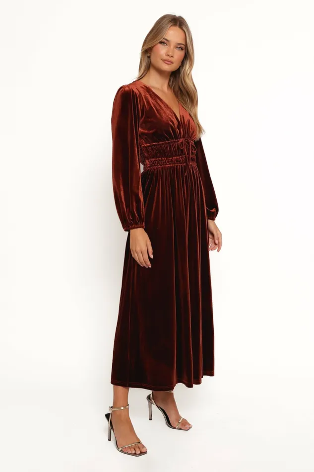 Winter Dresses Women Petal and Pup Cece Velvet Long Sleeve Maxi Dress Rust