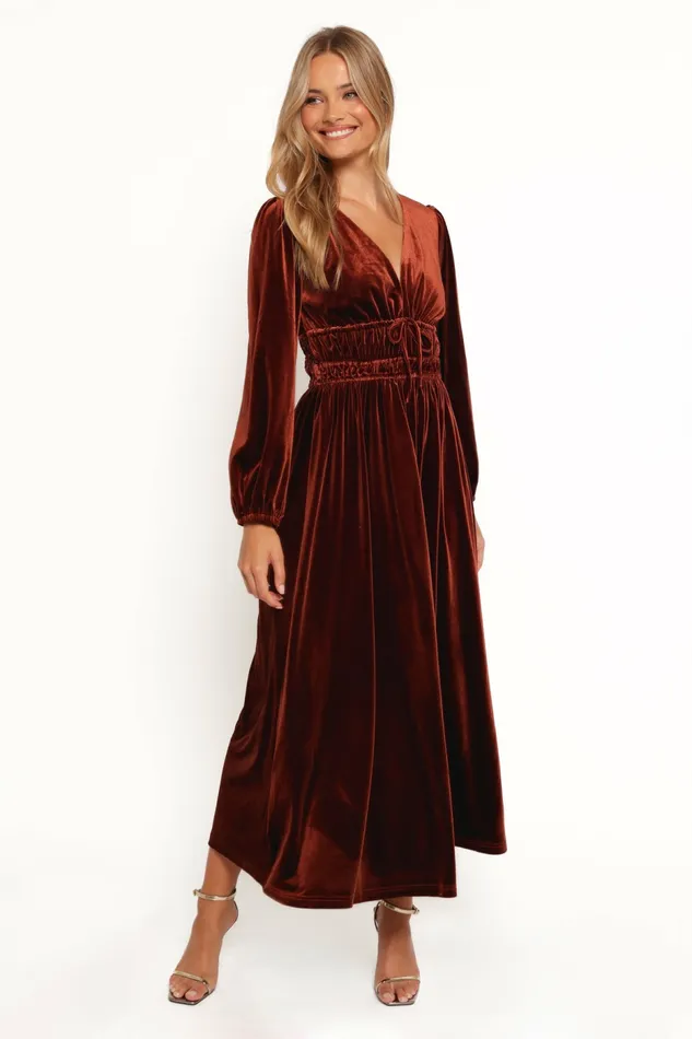 Winter Dresses Women Petal and Pup Cece Velvet Long Sleeve Maxi Dress Rust