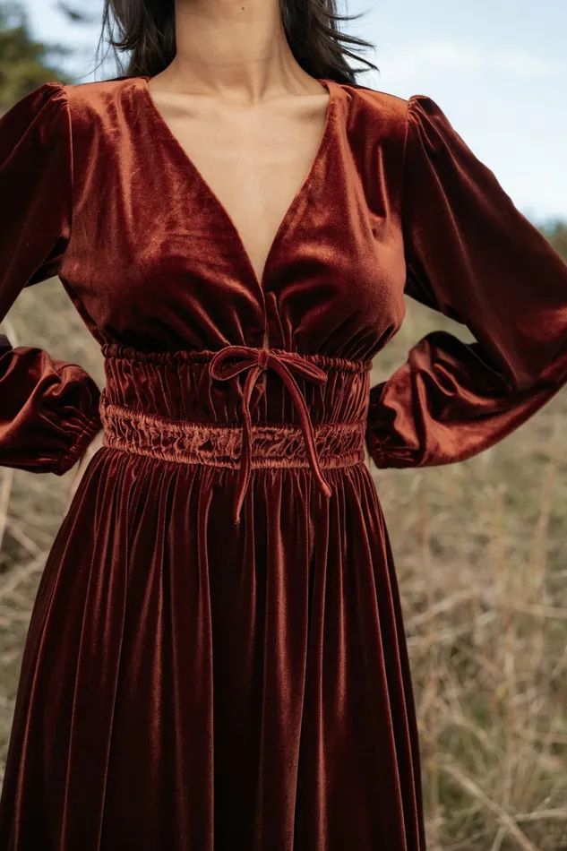 Winter Dresses Women Petal and Pup Cece Velvet Long Sleeve Maxi Dress Rust