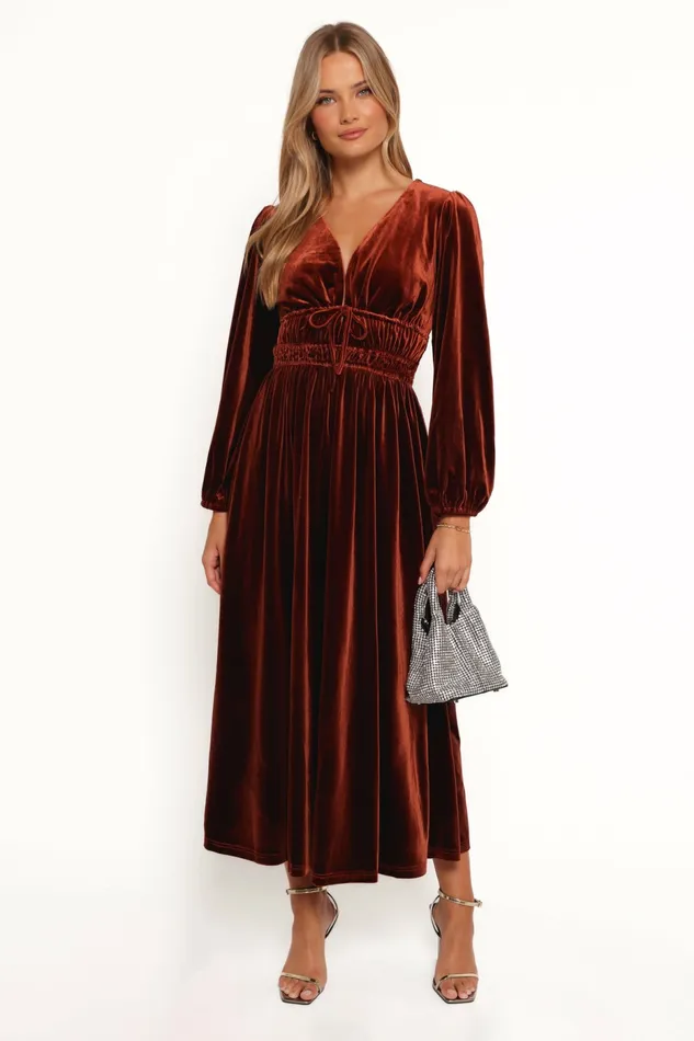 Winter Dresses Women Petal and Pup Cece Velvet Long Sleeve Maxi Dress Rust
