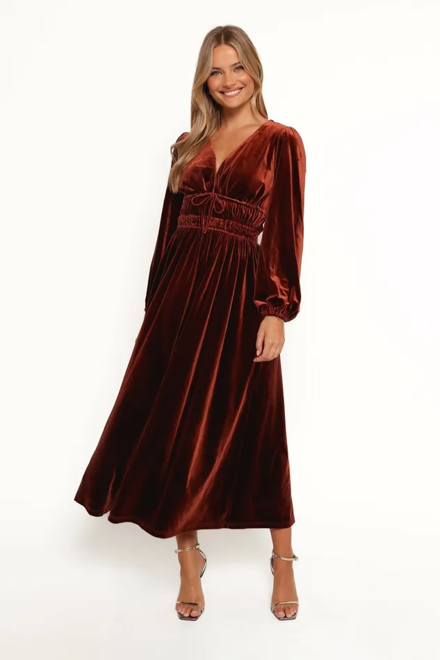 Winter Dresses Women Petal and Pup Cece Velvet Long Sleeve Maxi Dress Rust
