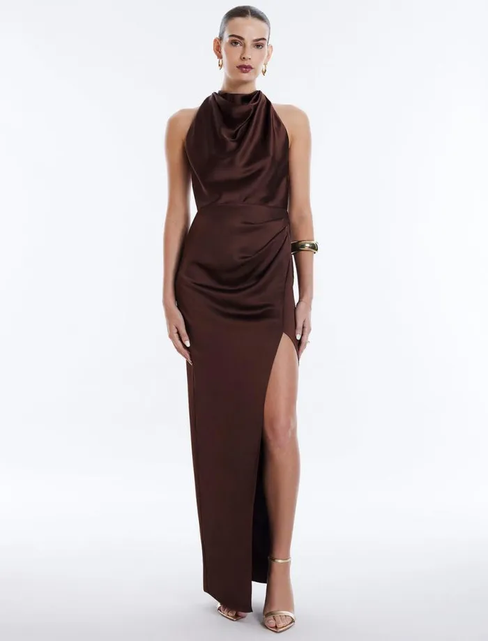 Women Allison Cowl Neck Evening Gown Chocolate BCBG Dresses