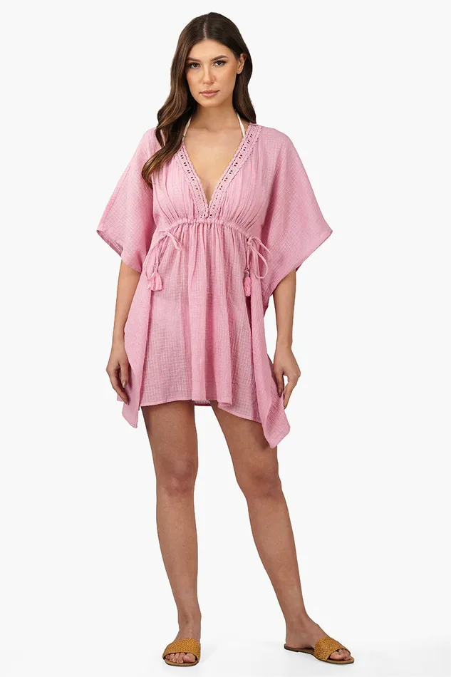Women America and Beyond Wild Rose Cotton Lace Cover Up Kaftan Dresses