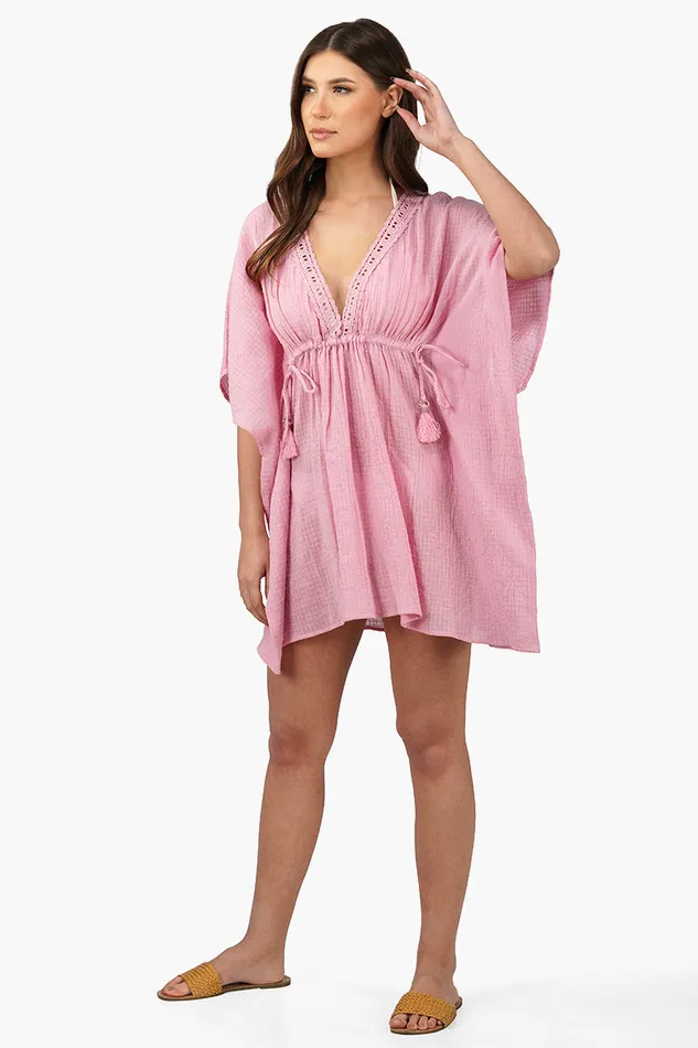 Women America and Beyond Wild Rose Cotton Lace Cover Up Kaftan Dresses