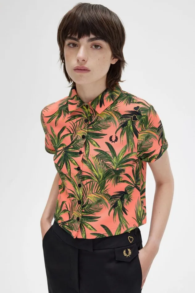 Women Amy Winehouse FoundationPalm Print Piqu Shirt Coral Heat Fred Perry Polo Shirts