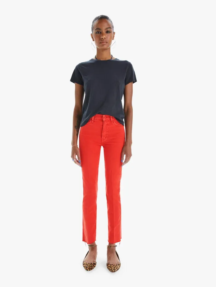 Women Ankle Mother Denim High Waisted Rascal Ankle Fray Red