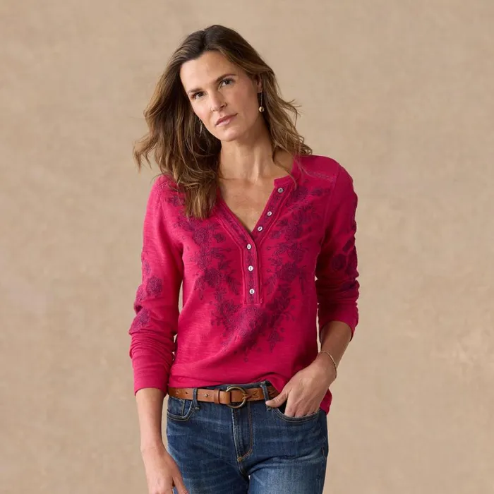 Women Artisan Floral Henley Cherry Sundance Catalog Tops