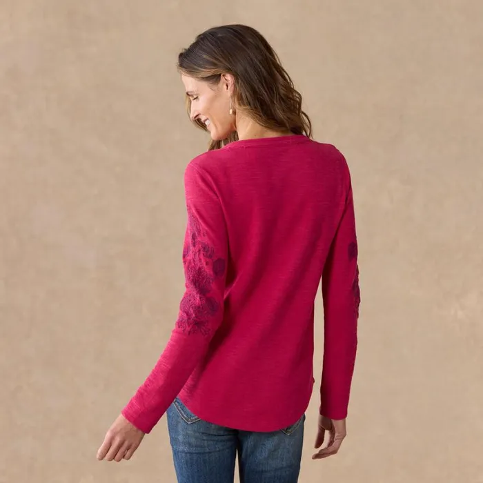 Women Artisan Floral Henley Cherry Sundance Catalog Tops