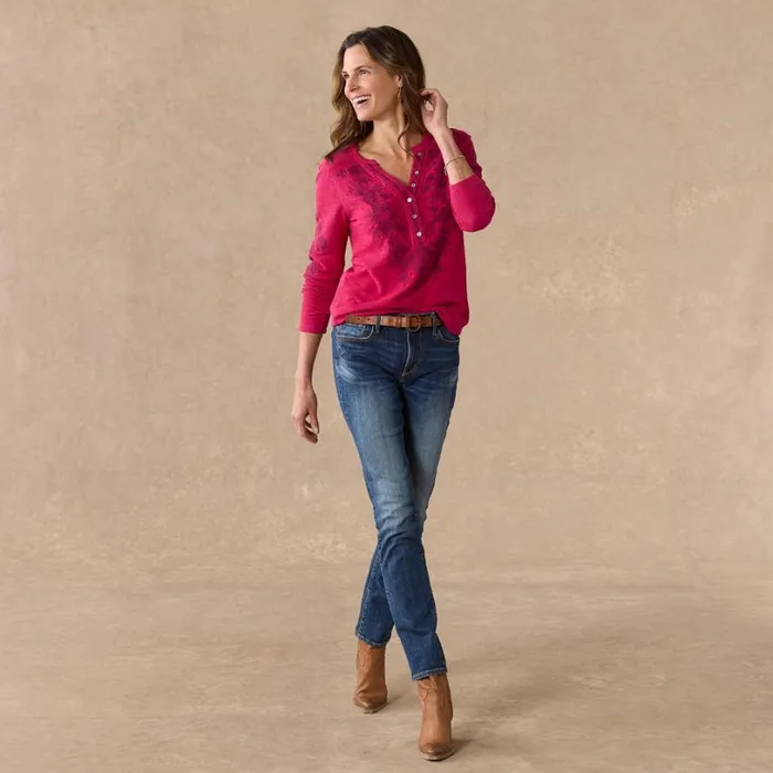 Women Artisan Floral Henley Cherry Sundance Catalog Tops