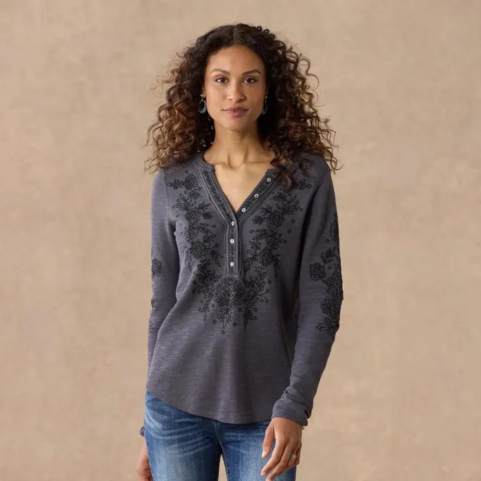 Women Artisan Floral Henley Cherry Sundance Catalog Tops