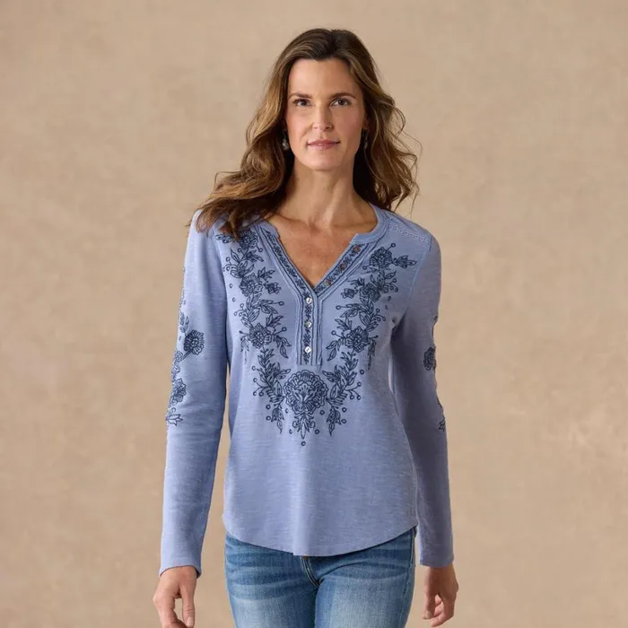 Women Artisan Floral Henley Cherry Sundance Catalog Tops