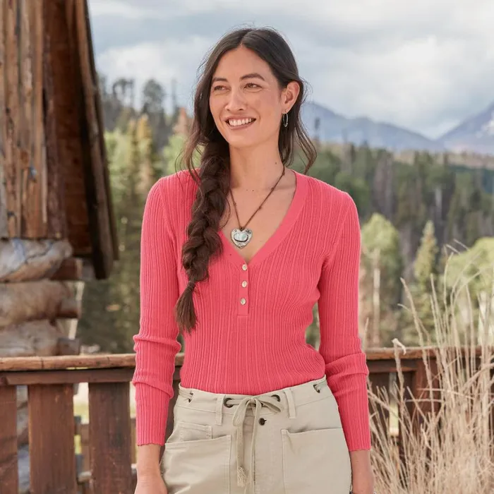 Women Averie Rib Henley Pear Sundance Catalog Sweaters