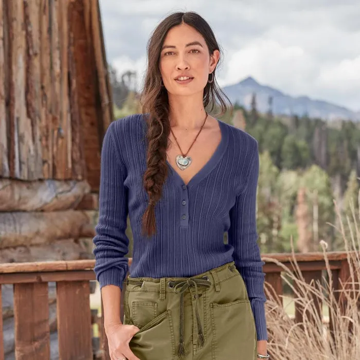 Women Averie Rib Henley Pear Sundance Catalog Sweaters
