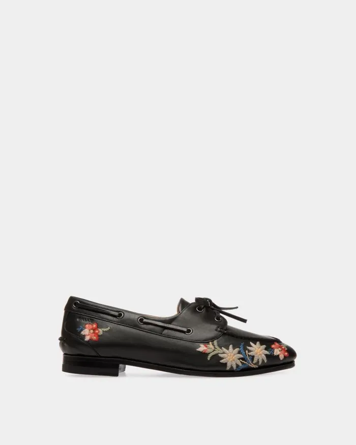 Women Bally Flats and Moccasins Winter Capsule Moccasin In Black Leather With Alpine Flowers Black Women Bally Flats and Moccasins Winter Capsule Moccasin In Black Leather With Alpine Flowers Black