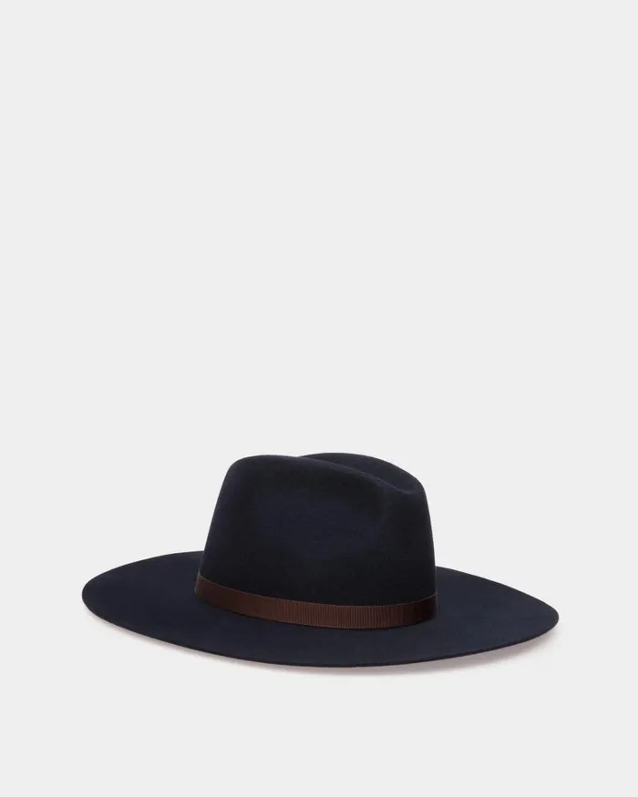 Women Bally Gloves and Hats Large Brim Hat In Navy Blue Felt Blue