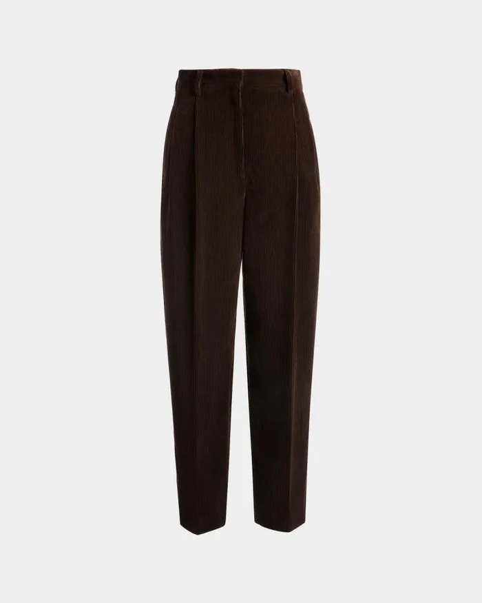 Women Bally Pants Winter Capsule Pleated Pants In Ebano Cotton Corduroy Brown