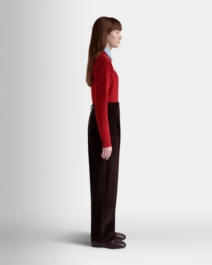Women Bally Pants Winter Capsule Pleated Pants In Ebano Cotton Corduroy Brown