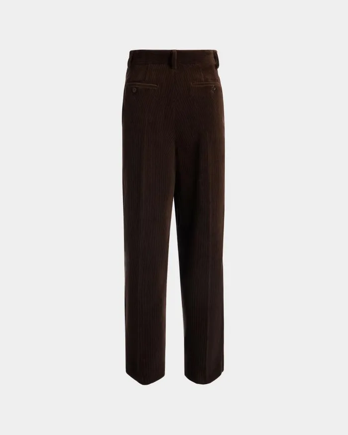 Women Bally Pants Winter Capsule Pleated Pants In Ebano Cotton Corduroy Brown