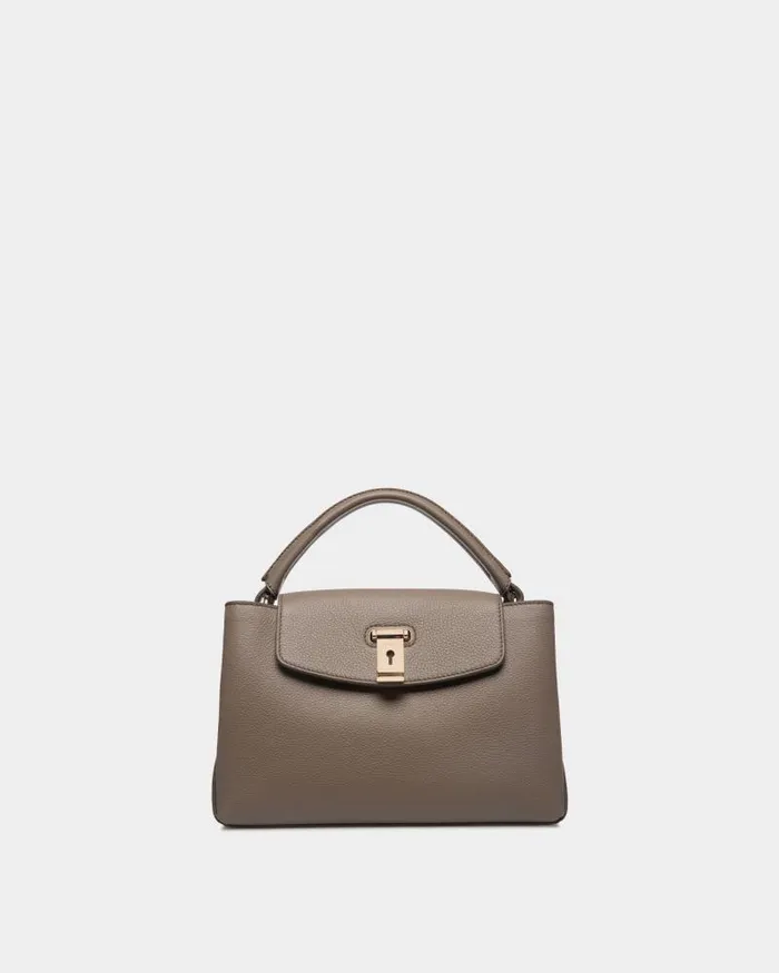 Women Bally Top Handle Bags Lock Me Small Top Handle Bag In Taupe Grained Leather Brown