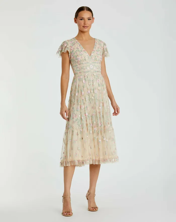 Women Beige Multicolor Embroidered V Neck Cap Sleeve Midi Dress Nude Multi Cocktail Dresses Mac Duggal Women Beige Multicolor Embroidered V Neck Cap Sleeve Midi Dress Nude Multi Cocktail Dresses Mac Duggal