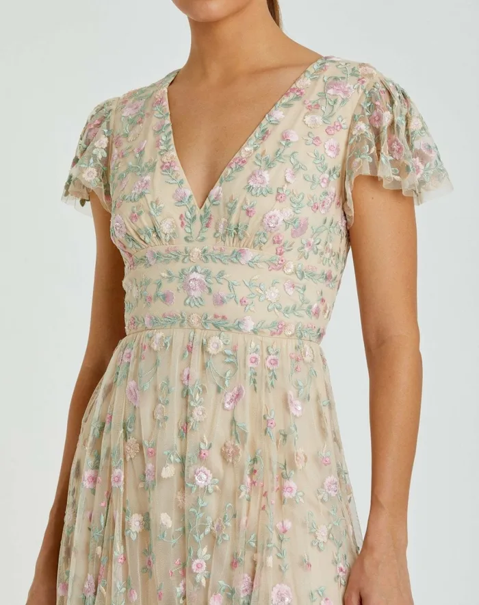 Women Beige Multicolor Embroidered V Neck Cap Sleeve Midi Dress Nude Multi Cocktail Dresses Mac Duggal