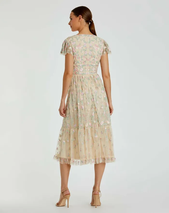 Women Beige Multicolor Embroidered V Neck Cap Sleeve Midi Dress Nude Multi Cocktail Dresses Mac Duggal