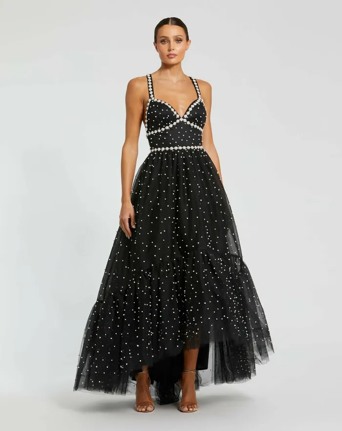 Women Best Sellers Mac Duggal Pearl Beaded High Low Gown Black Ivory