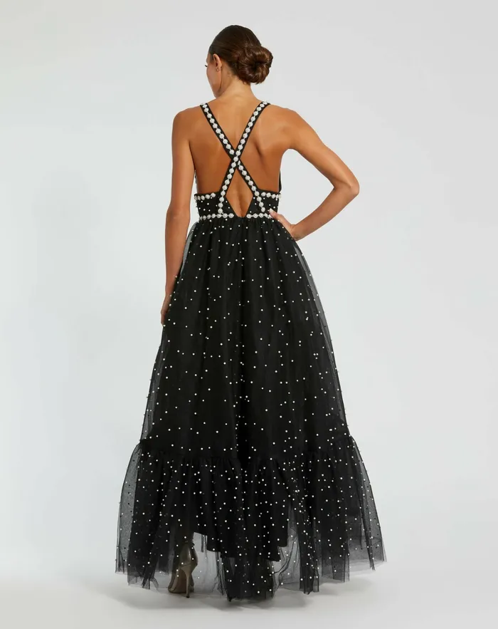 Women Best Sellers Mac Duggal Pearl Beaded High Low Gown Black Ivory