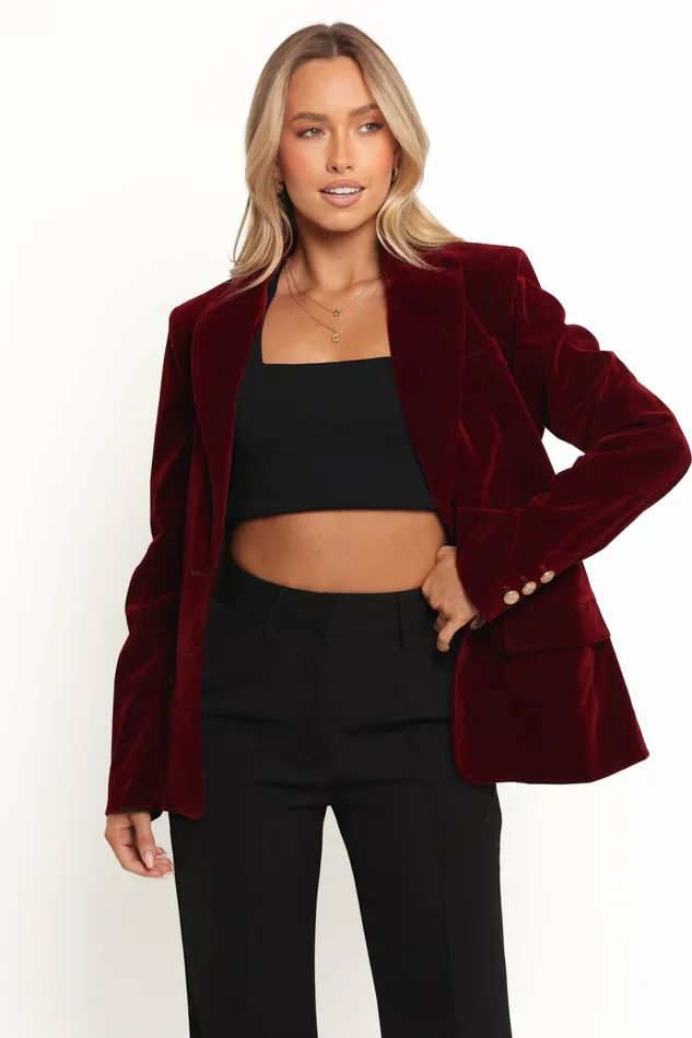 Women Blazers Petal and Pup Zpya Single Button Velvet Blazer Berry