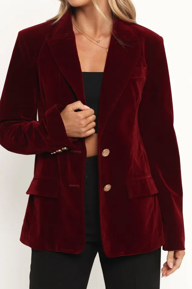 Women Blazers Petal and Pup Zpya Single Button Velvet Blazer Berry