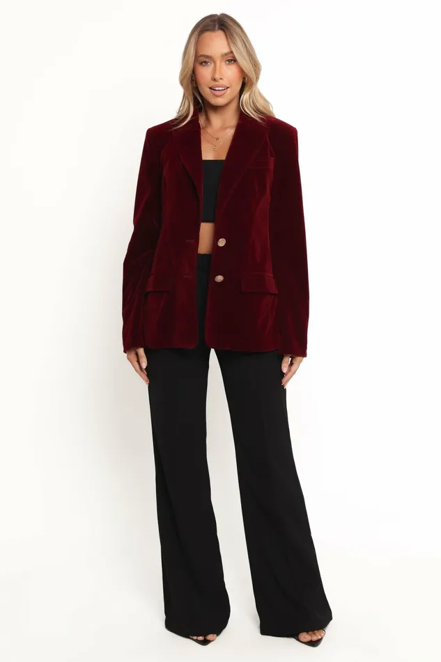 Women Blazers Petal and Pup Zpya Single Button Velvet Blazer Berry