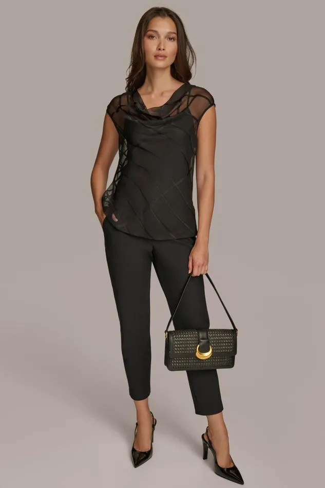 Women BURNOUT VELVET COWL NECK BLOUSE Black Donna Karan New York Sweaters And Tops