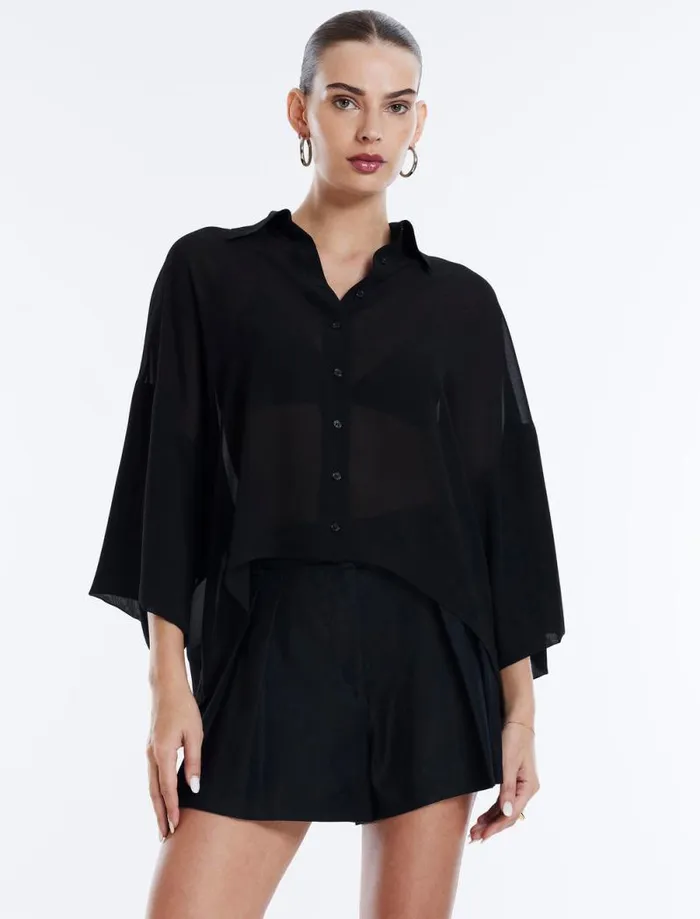 Women ButtonUp Batwing Top Black BCBG Tops