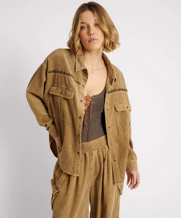 Women CAMEL CORDRUOY STUDDED DARIA SHACKET One Teaspoon Jackets