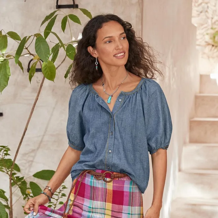 Women Chambray Graceful Days Top Petite Chambray Sundance Catalog Petite Styles